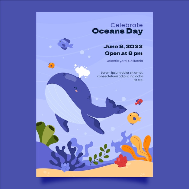 Vector gratuito plantilla de póster vertical del día mundial de los océanos dibujado a mano