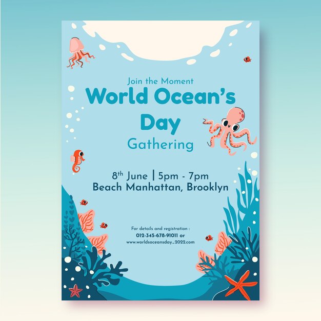Plantilla de póster vertical del día mundial de los océanos dibujado a mano