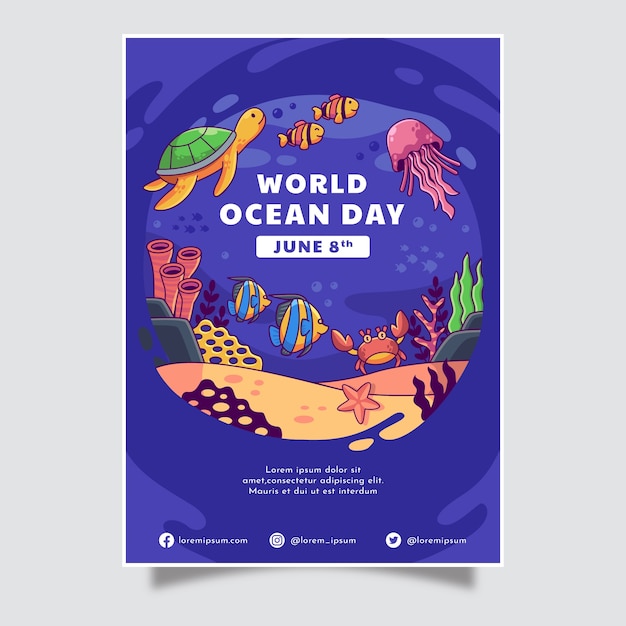 Plantilla de póster vertical del día mundial de los océanos dibujado a mano