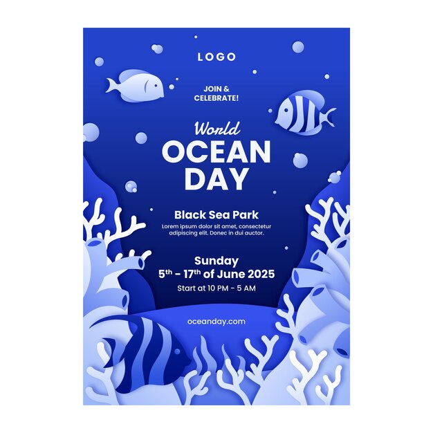 Plantilla de póster vertical del día mundial de los océanos de estilo papel