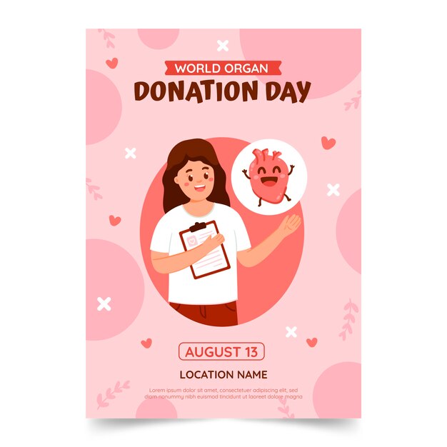 Plantilla de póster vertical del día mundial plano de la donación de órganos con médico y corazón feliz