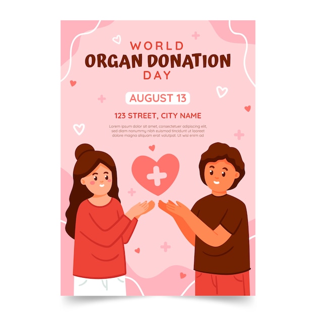 Plantilla de póster vertical del día mundial plano de la donación de órganos con personas que muestran el corazón