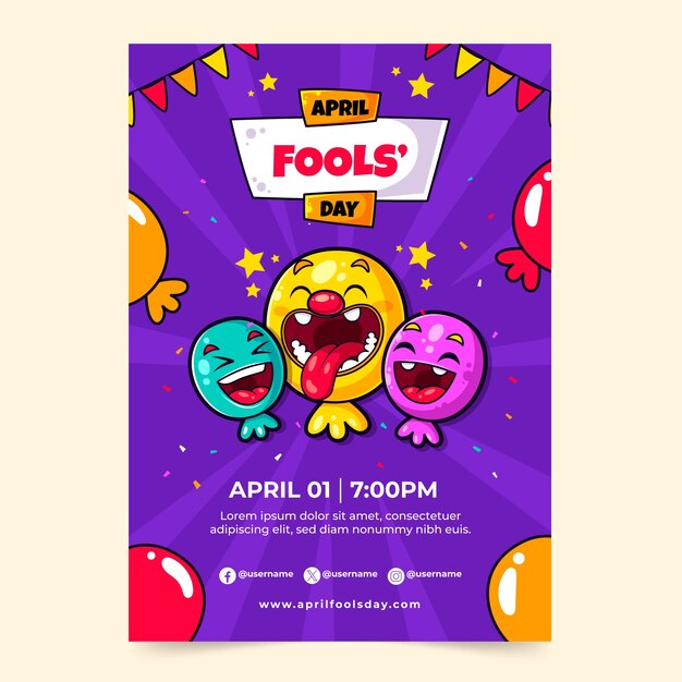 plantilla de póster vertical del día de los tontos de abril dibujada a mano