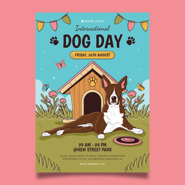 plantilla de póster vertical dibujada a mano para la celebración del día internacional del perro