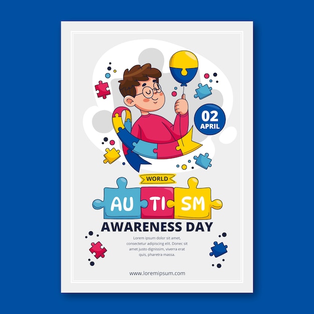 Vector gratuito plantilla de póster vertical dibujada a mano para el día mundial de concienciación sobre el autismo