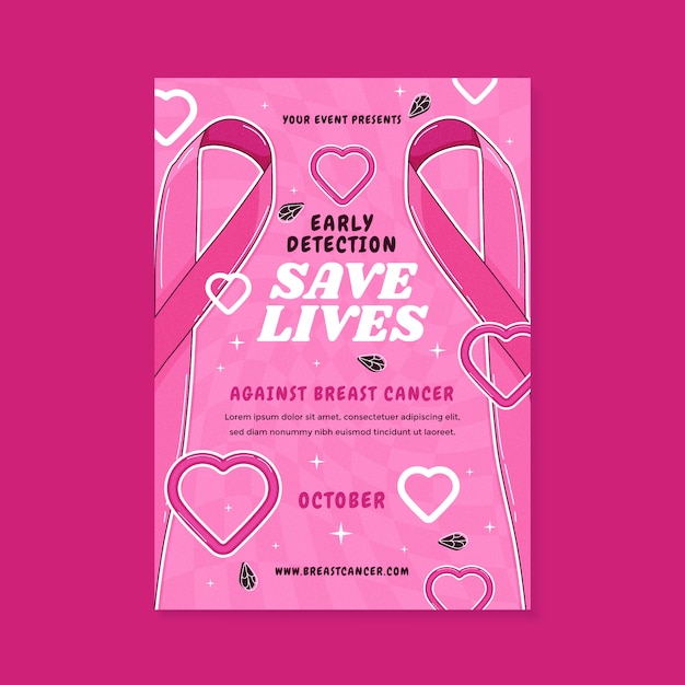 Vector gratuito plantilla de póster vertical dibujada a mano para el mes de concienciación sobre el cáncer de mama