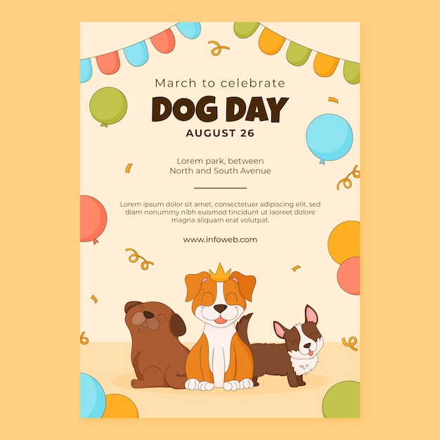 Plantilla de póster vertical dibujado a mano para la celebración del día internacional del perro