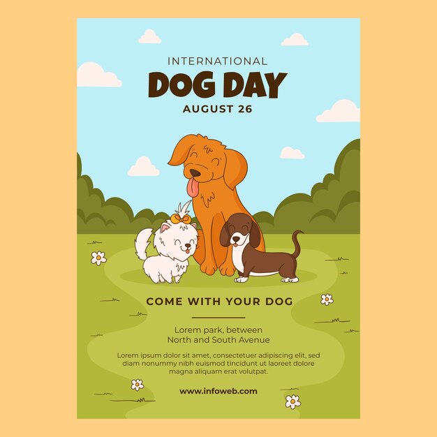 Plantilla de póster vertical dibujado a mano para la celebración del día internacional del perro