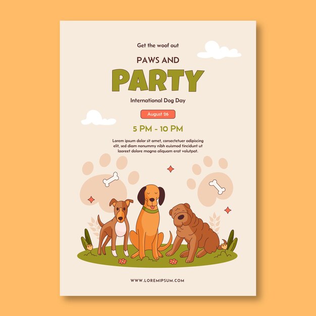 Plantilla de póster vertical dibujado a mano para la celebración del día internacional del perro