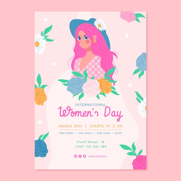 Vector gratuito plantilla de póster vertical dibujado a mano para la celebración del día de la mujer