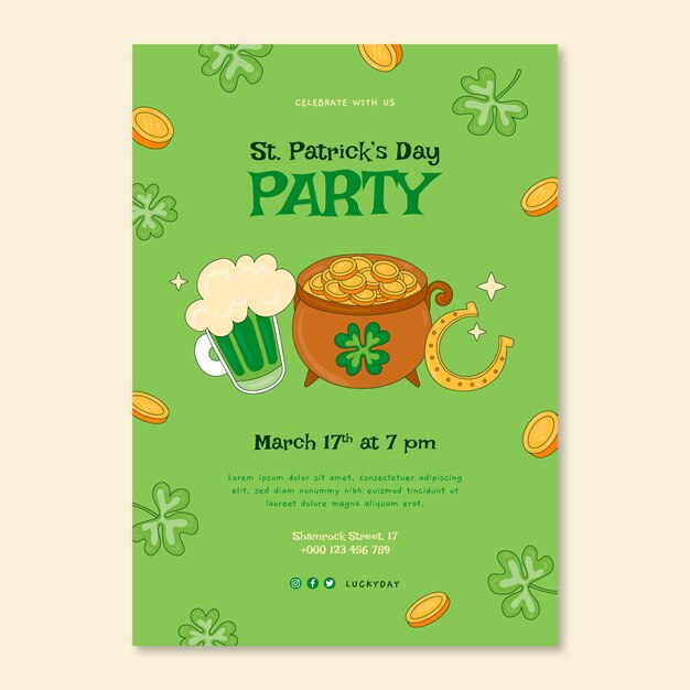 Plantilla de póster vertical dibujado a mano para la celebración del día de san patricio
