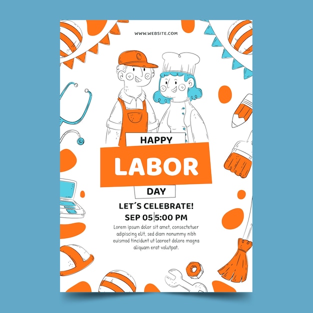 Vector gratuito plantilla de póster vertical dibujado a mano para la celebración del día del trabajo