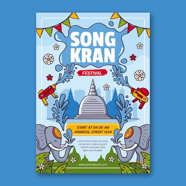 Plantilla de póster vertical dibujado a mano para la celebración del festival del agua de songkran