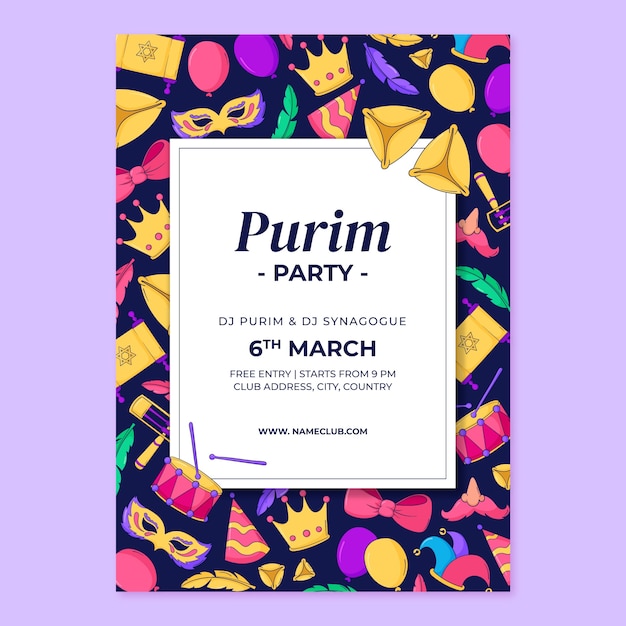 Vector gratuito plantilla de póster vertical dibujado a mano para la celebración de la festividad de purim