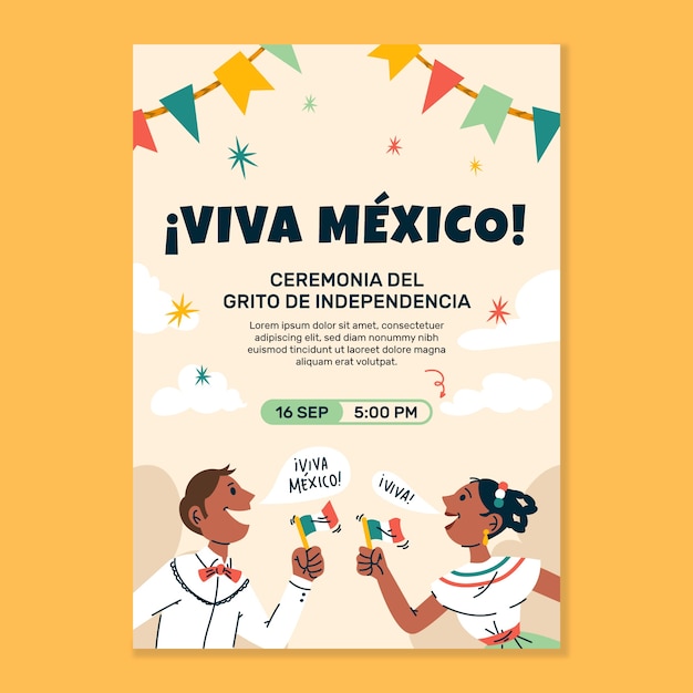 Vector gratuito plantilla de póster vertical dibujado a mano para la celebración de la independencia de méxico