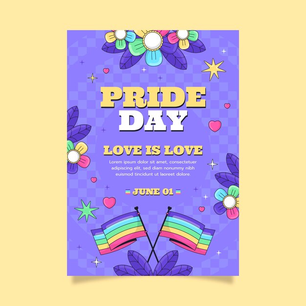 Plantilla de póster vertical dibujado a mano para la celebración del mes del orgullo
