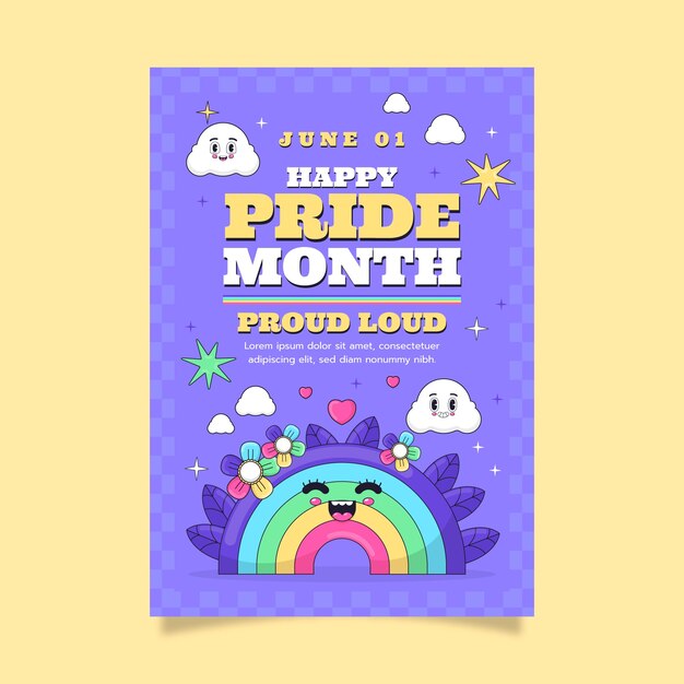 Plantilla de póster vertical dibujado a mano para la celebración del mes del orgullo