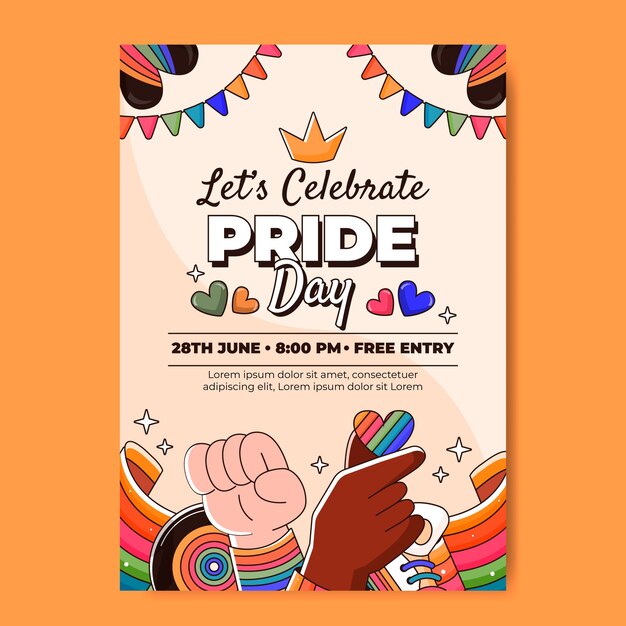 Plantilla de póster vertical dibujado a mano para la celebración del mes del orgullo