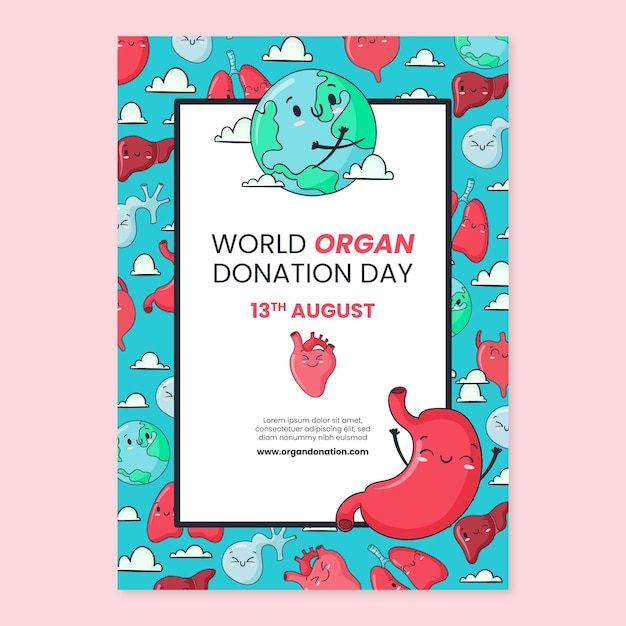 Vector gratuito plantilla de póster vertical dibujado a mano para el día mundial de la donación de órganos