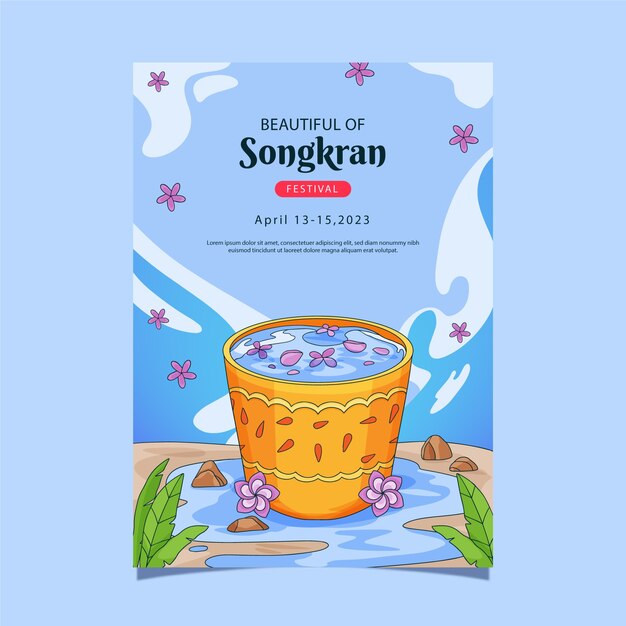 Plantilla de póster vertical dibujado a mano para el festival del agua de songkran