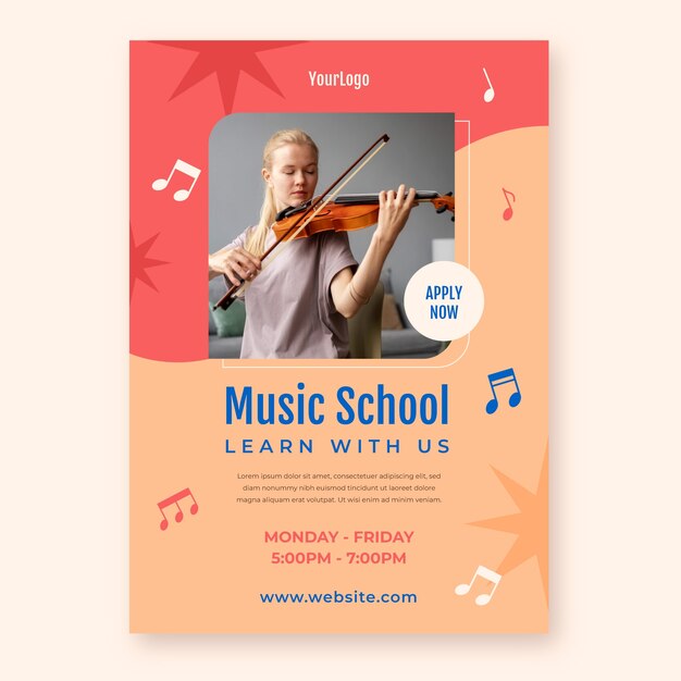 Plantilla de póster vertical de educación musical plana y escuela
