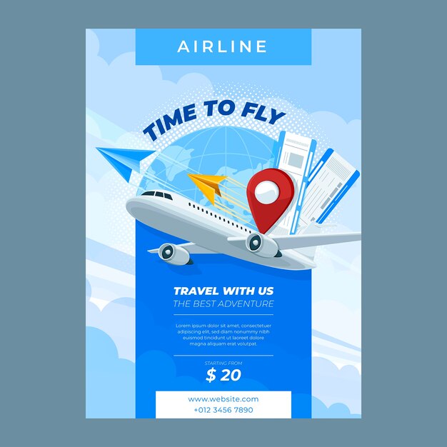 Plantilla de póster vertical de empresa de servicios de aerolíneas planas