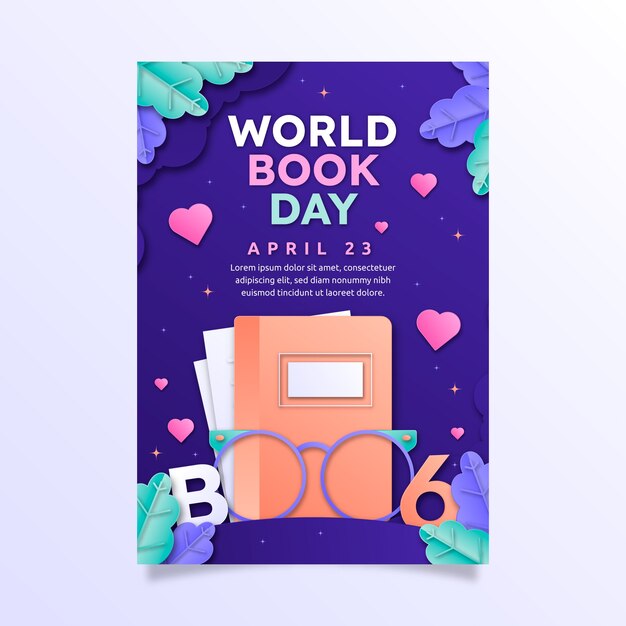 Plantilla de póster vertical de estilo de papel para la celebración del día mundial del libro