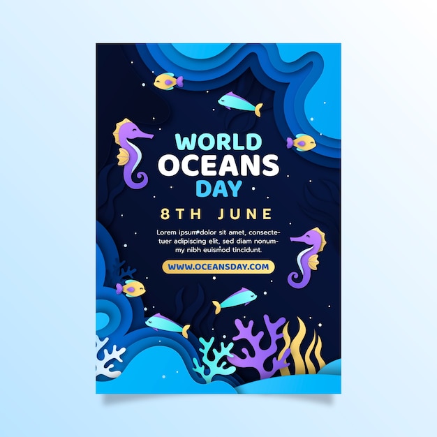 Plantilla de póster vertical de estilo de papel para la celebración del día mundial de los océanos
