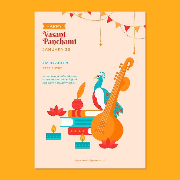 Vector gratuito plantilla de póster vertical del festival flat vasant panchami
