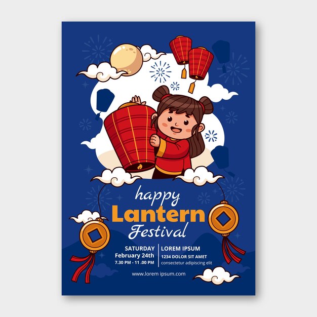 Plantilla de póster vertical del festival de linternas dibujado a mano