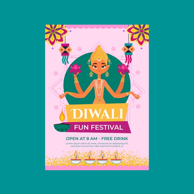Plantilla de póster vertical del festival plano de diwali
