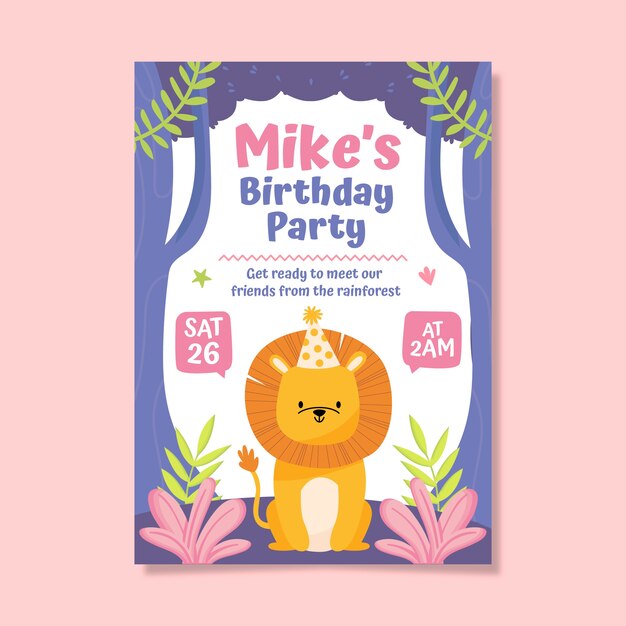 Plantilla de póster vertical de fiesta de cumpleaños de selva dibujada a mano