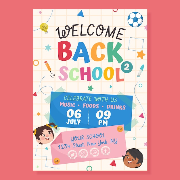 Plantilla de póster vertical de fiesta plana de regreso a la escuela