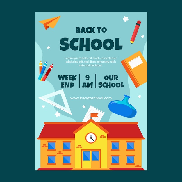 Vector gratuito plantilla de póster vertical de fiesta plana de regreso a la escuela