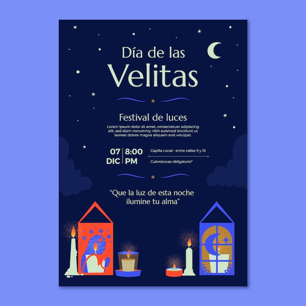 Plantilla de póster vertical flat dia de las velitas