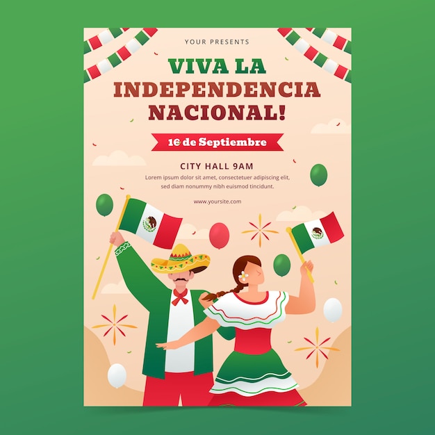 Vector gratuito plantilla de póster vertical gradiente para la celebración del día de la independencia de méxico