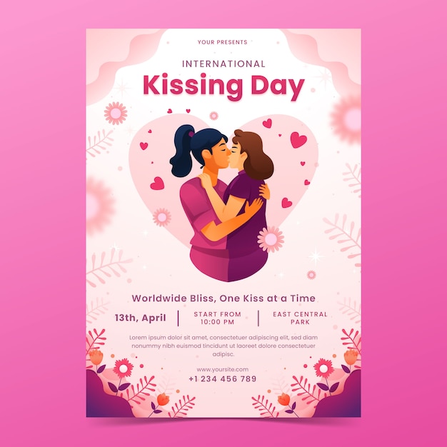 Vector gratuito plantilla de póster vertical gradiente para la celebración del día internacional del beso