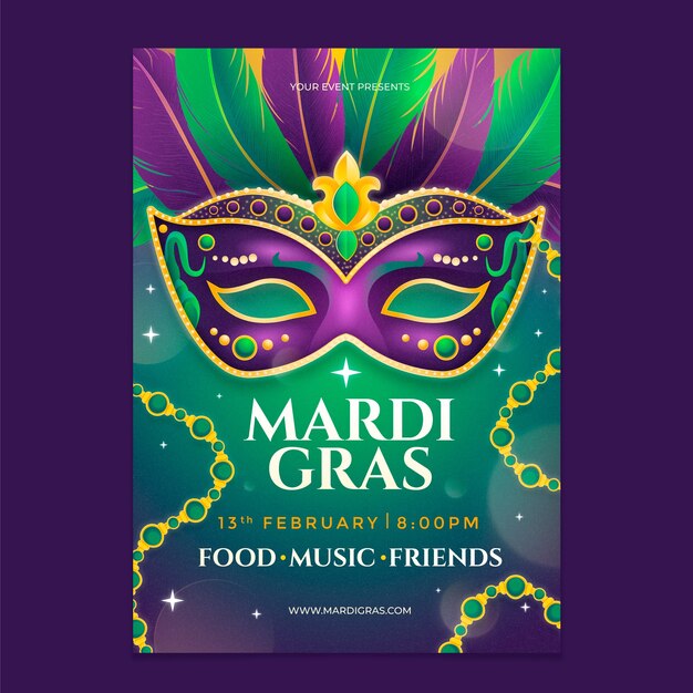 plantilla de póster vertical con gradiente para el festival de Mardi Gras