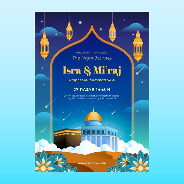 Plantilla de póster vertical con gradiente para isra miraj