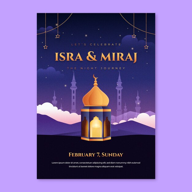 Plantilla de póster vertical con gradiente para isra miraj