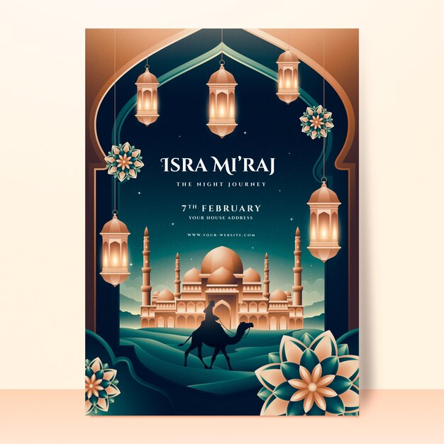 Plantilla de póster vertical de gradiente isra miraj