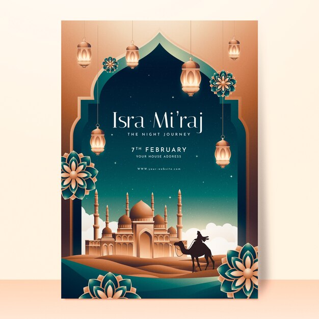 Plantilla de póster vertical de gradiente isra miraj