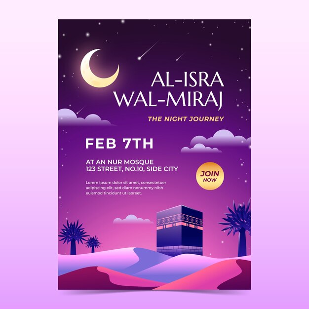 Plantilla de póster vertical de gradiente isra miraj