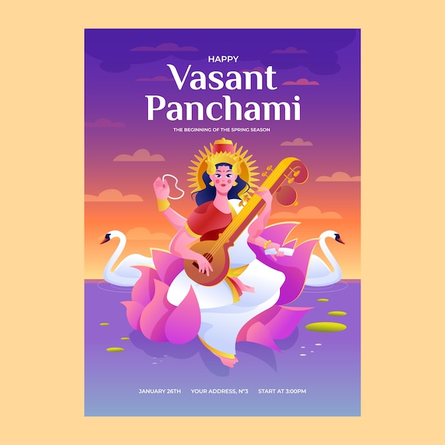 Plantilla de póster vertical de gradiente vasant panchami con cítara