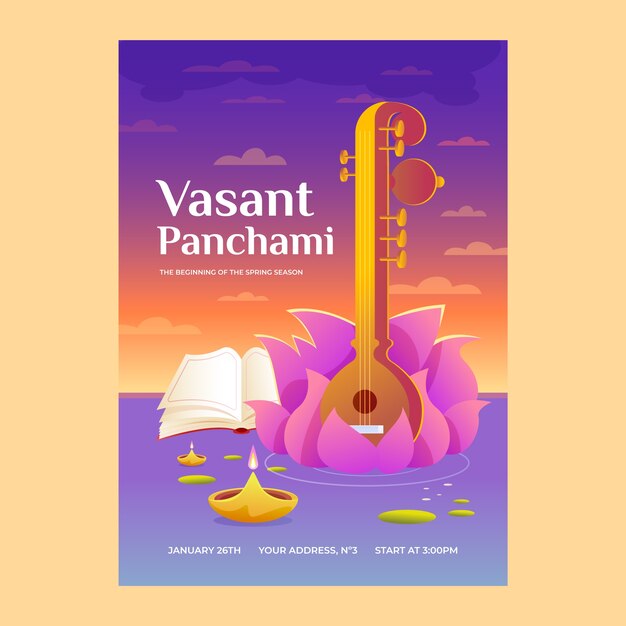 Plantilla de póster vertical de gradiente vasant panchami con cítara
