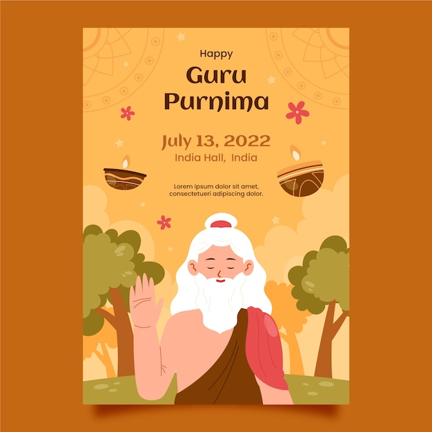 Vector gratuito plantilla de póster vertical de guru purnima dibujado a mano con hombre barbudo meditando