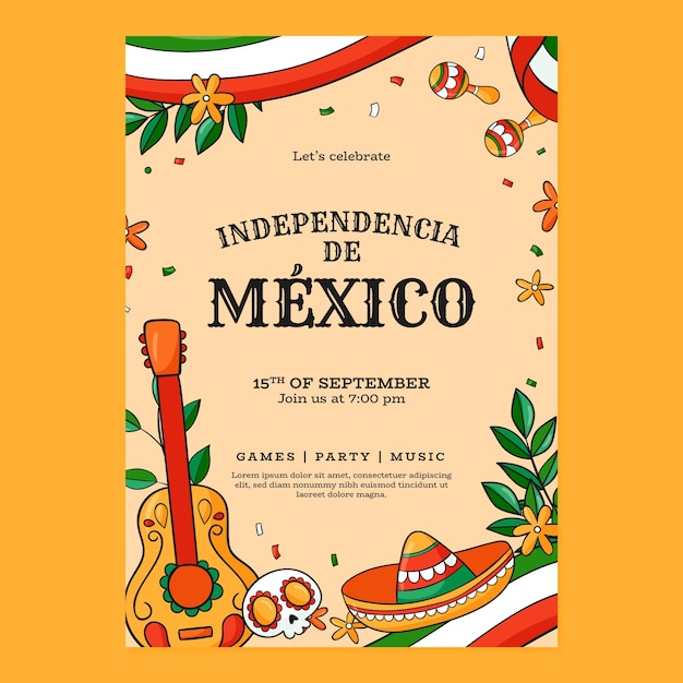 Vector gratuito plantilla de póster vertical de independencia de méxico dibujado a mano