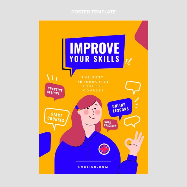 Plantilla de póster vertical de lecciones de inglés planas