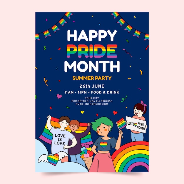 Plantilla de póster vertical lgbt del mes del orgullo dibujado a mano