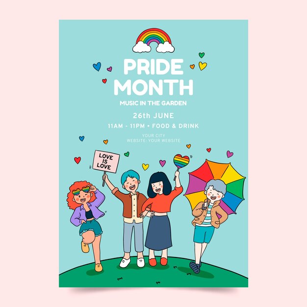 Plantilla de póster vertical lgbt del mes del orgullo dibujado a mano
